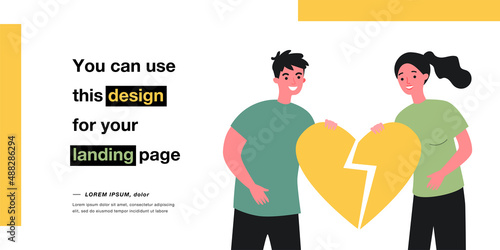 Man and woman holding broken heart together. Breakup of two ex smiling partners flat vector illustration. Love, divorce, reunion and relationship concept for banner, website design or landing web page
