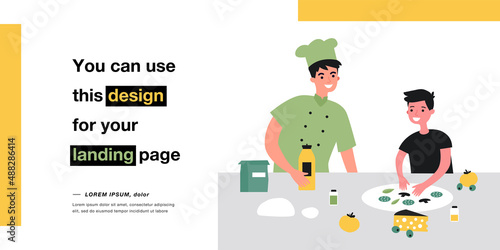 Chef making pizza with small kid. Cook preparing Italian traditional food with child in restaurant together. Children tutorial, class. Hobby activity. Cartoon vector illustration.