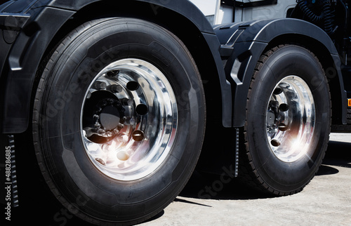 Big Rig Semi Truck Wheels Tires. Lorry New Tyres Rubber. Freight Trucks Transport. 