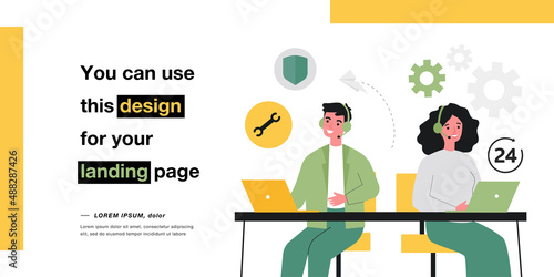 Man and woman working in call center within 24 hours. Flat vector illustration. Young people with headsets answering calls in support or service center. Communication, support, help concept