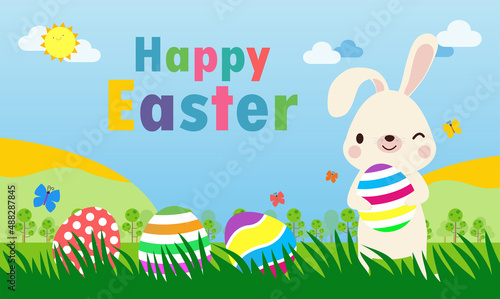 Happy Easter day poster. Little Rabbit Bunny cartoon flat design with greeting card. Easter egg festival background banner template isolated vector illustration
