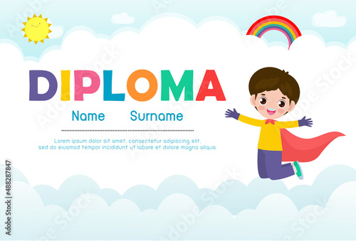 Diploma template for kids, Certificates kindergarten and elementary, Preschool, Certificate of super hero kids diploma isolated on background vector illustration