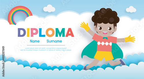 Diploma template for kids, Certificates kindergarten and elementary, Preschool, Certificate of super hero kids diploma paper art style isolated on background vector illustration