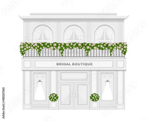 Bridal salon shop building. Vector wedding store facade wide showcase and mannequins in white dresses. Fashion boutique front window with models in vitrine. Fashionable gowns for brides marriage event