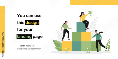 Business people climbing career ladder for award. Businessman character standing at podium, woman leader holding prize at top of stairs flat vector illustration. Success of corporate strategy concept