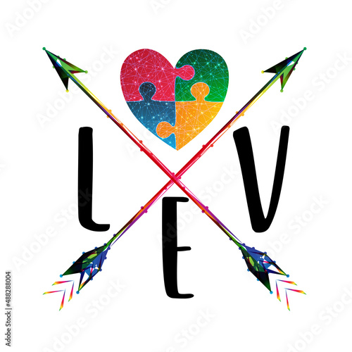 Autism awareness vector illustration. Word LOVE with heart made of puzzle pieces and arrows
