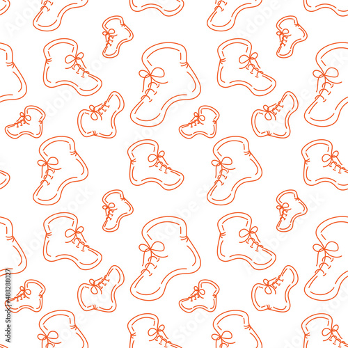 Seamless pattern of demi boots in a linear minimalist style in orange color. Vector repeat texture.