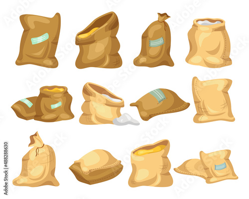 Burlap bags of cereal grains cartoon illustration set. Tied and untied sacks of flour, sugar, rice, wheat or rye with labels isolated on white background. Agriculture, organic food concept
