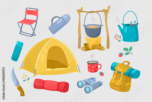 Equipment and tools for camping cartoon illustration set. Tent, firewood, knife, tourists backpack, thermos, folding chair, kettle and pot isolated on gray background. Trip, recreation, camp concept