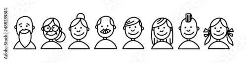 Big family character icons set. Line drawing.