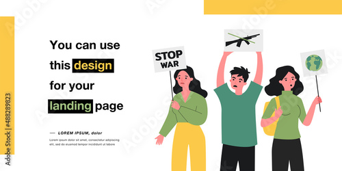 Cartoon activists with placards protesting against war. People at demonstration against violence flat vector illustration. War, peace, protest concept for banner, website design or landing web page