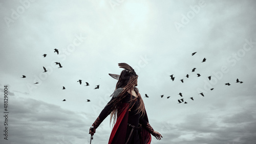 Tableau sur toile scandinavian red warrior woman Valkyrie