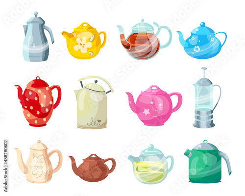 Colorful teapots and kettles cartoon illustration set. Ceramic and glass tea-kettles for boiling water, tableware for tea ceremony at home. Household, kitchen utensils concept