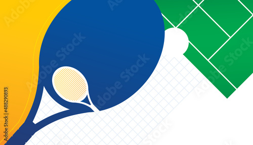 Vector illustration of tennis racket and ball on court. Sport background design.