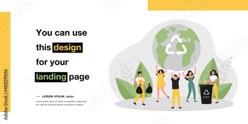 Eco volunteers saving earth from pollution. People recycling separating trash. Men and women sorting garbage. Environment care, save world concept. Flat vector cartoon illustration.