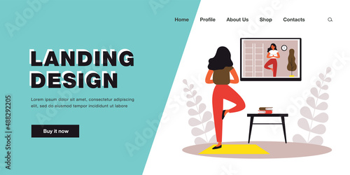 Woman practicing yoga at home with online video lesson. Girl standing in balancing pose and training flat vector illustration. Healthy workout concept for banner, website design or landing web page