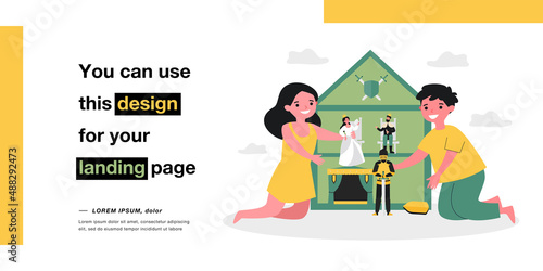 Children playing dollhouse at home together. Happy kids having fun with toys in doll house. Sibling weekend entertainment. Flat cartoon vector illustration, web page landing.