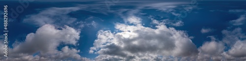 Blue sky panorama with Cirrus clouds in Seamless spherical equirectangular format. Full zenith for use in 3D graphics, game and editing aerial drone 360 degree panoramas for sky replacement.