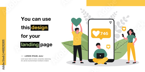Happy followers giving likes to viral content of influencer. Tiny people holding heart in hand flat vector illustration. Loyalty of blog audience concept for banner, website design or landing web page