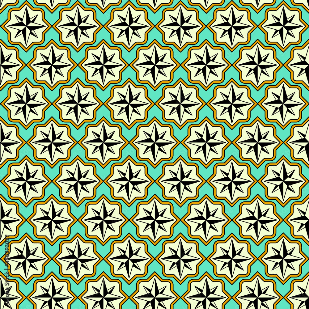 Fototapeta premium コンパスローズをベースにした エスニックな幾何学模様パターン シームレス リピータブル ベクターイラスト