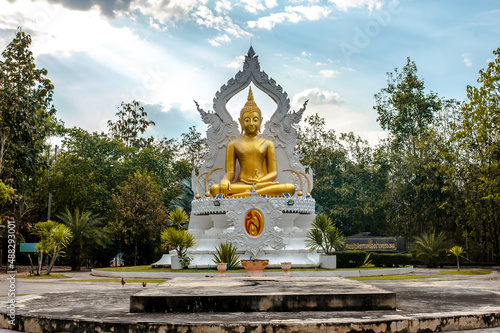 January 24 ,2022 A Buddha statue with signboard Nongnamphet meditation center (the royal temple ) at Nong bualamphu province ,Thailand