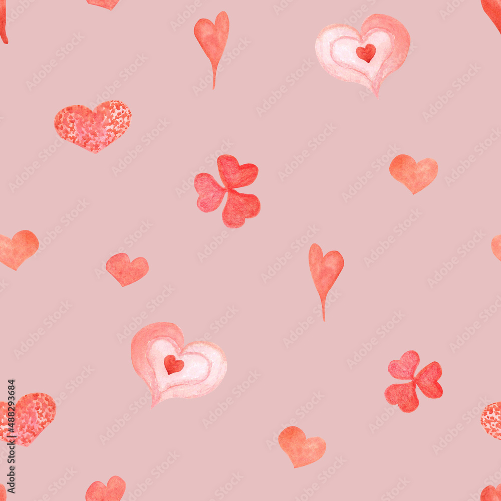 Romantic pattern of pink watercolor hearts and clover on a light background