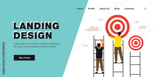 People climbing on success ladder to goal target. Leader man reaching target flat vector illustration. Successful career, leadership, achievement concept for banner, website design or landing web page