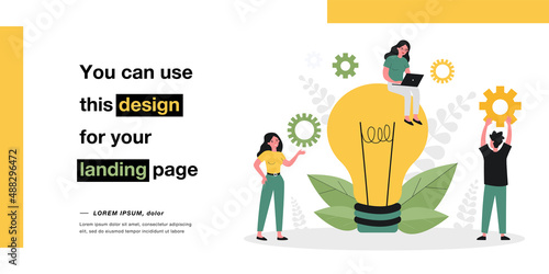 Creative idea, working process of business people team. Tiny man and woman characters standing, working with laptop near lightbulb flat vector illustration. Teamwork on new idea creation concept