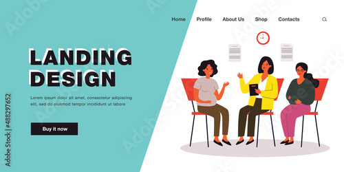Pregnant women consulting specialist in prenatal class. Females with bellies talking to therapist flat vector illustration. Pregnancy, education, maternity concept for banner or landing web page