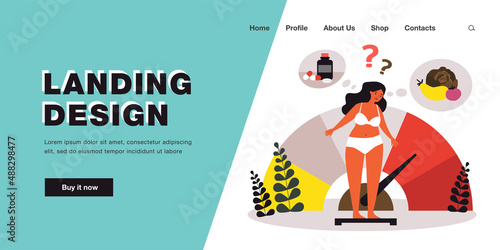 Woman thinking about weight control. Girl in underwear standing on scale in doubt flat vector illustration. Dietary supplement, healthy diet concept for banner, website design or landing web page