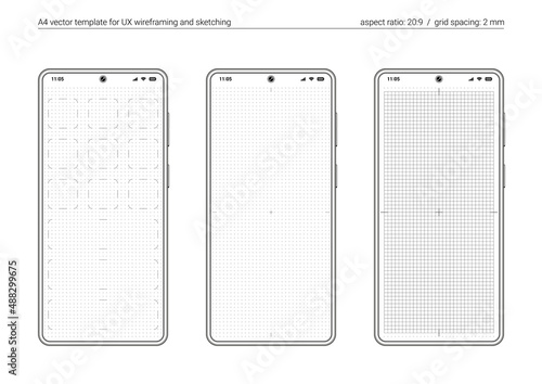 A4 printable template for UX wireframing of mobile apps. Black outline frames of generic smartphone. 20:9 aspect ratio. Paper mockup with 2 mm grid spacing. Vector layout for drawing of UI prototypes