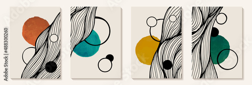 Creative minimalist Abstract art background with watercolor stain circle Shape and hand draw linear wave. Cosmic abstract background. Design for wall decoration, postcard, poster, brochure