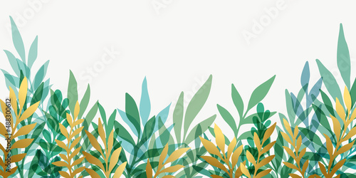 Gold green branch leaves wedding bouquet border frame on white background. Fl...