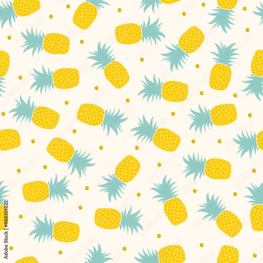 Seamless pattern fresh cute pineapple fruits with bright yellow summer colorful tropical on white background. Modern trendy design illustration for textile print, wallpaper, and card. Seamless pattern fresh cute pineapple fruits with bright yellow summer colorful tropical on white background. Modern trendy design illustration for textile print, wallpaper, and card.