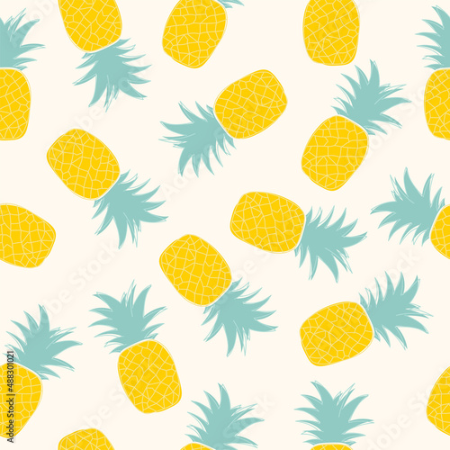 Seamless pattern fresh cute pineapple fruits with bright yellow summer colorful tropical on white background. Modern trendy design illustration for textile print, wallpaper, and card.