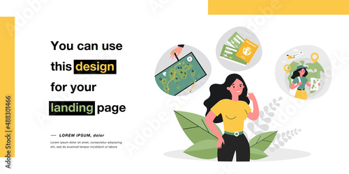 Female traveler cartoon character planning trip. Woman with backpack and map, tickets and passport flat vector illustration. Traveling, tourism concept for banner, website design or landing web page