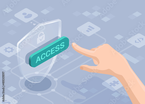 isometric vector illustration on a gray background, a shield with a green button and a lock icon with the inscription access, a hand pressing a button