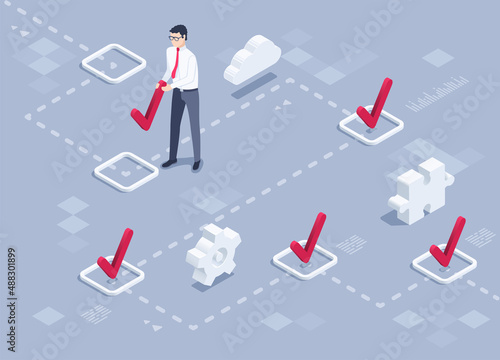 isometric vector illustration on a gray background, a man in business clothes walks a winding path and ticks the checkboxes