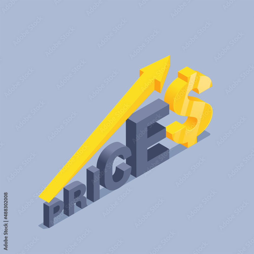 isometric vector illustration on black background, price word and growing arrow with dollar sign, price increase isometric vector illustration on black background, price word and growing arrow with dollar sign, price increase