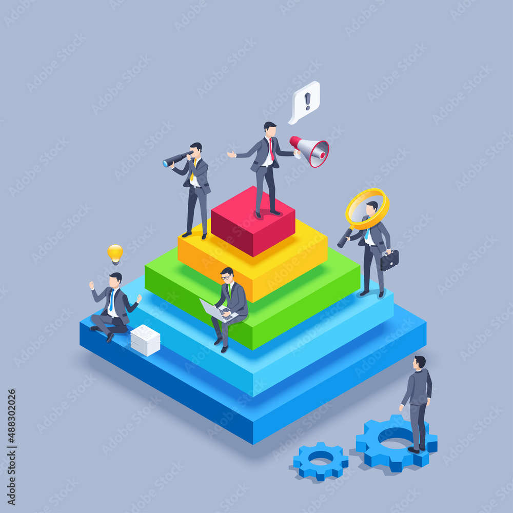 isometric vector illustration on a gray background, men in business suits on a pyrimide chart with a loudspeaker and a magnifying glass, work hierarchy or distribution of duties isometric vector illustration on a gray background, men in business suits on a pyrimide chart with a loudspeaker and a magnifying glass, work hierarchy or distribution of duties