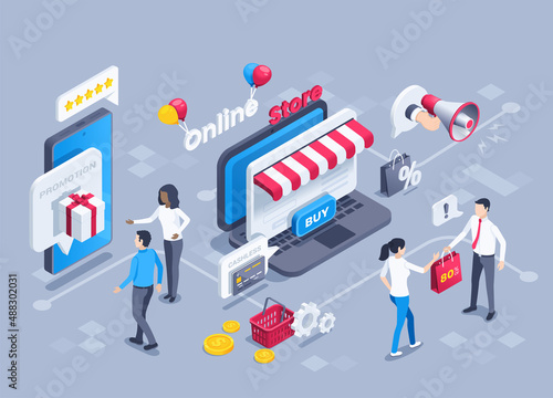 isometric vector illustration on a gray background, an online store on a laptop screen, a man offers goods at a discount and a woman is a gift for purchase, hand with loudspeaker announces a promotion