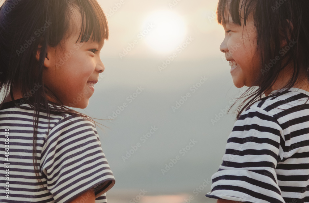 Cute little sisters looking at each other and smiling against the sunset background. The concept of family and sibling love Cute little sisters looking at each other and smiling against the sunset background. The concept of family and sibling love