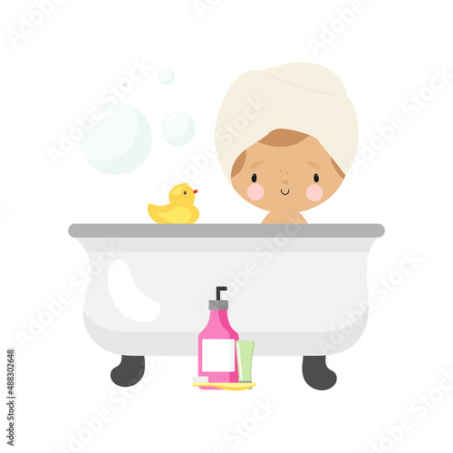 Cute Girl takes a bath. Cartoon style. Vector illustration on a white background.