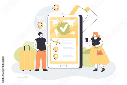 Mini persons booking flight tickets online via huge mobile phone. Process of hotel digital reservation flat vector illustration. Technology, tourism, vacation concept for banner or landing web page