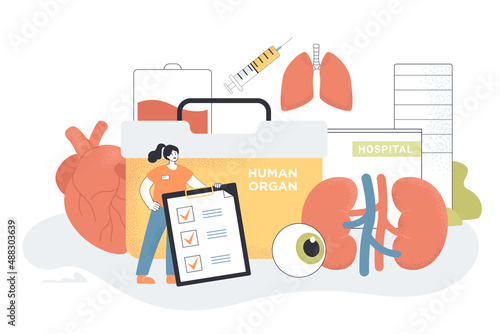 Tiny doctor checking human organs of donor for transplantation. People donating organs and blood to hospital flat vector illustration. Medicine concept for banner, website design or landing web page