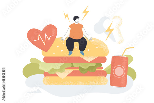 Tiny overweight person with health problems due to junk food. Risk of heart disease, high cholesterol flat vector illustration. Obesity, nutrition, fitness concept for banner or landing web page