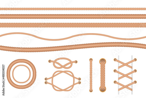Different types of rope vector illustrations set. Collection of cartoon drawings of marine knots and loops, nautical border isolated on white background. Decoration, texture, fashion concept