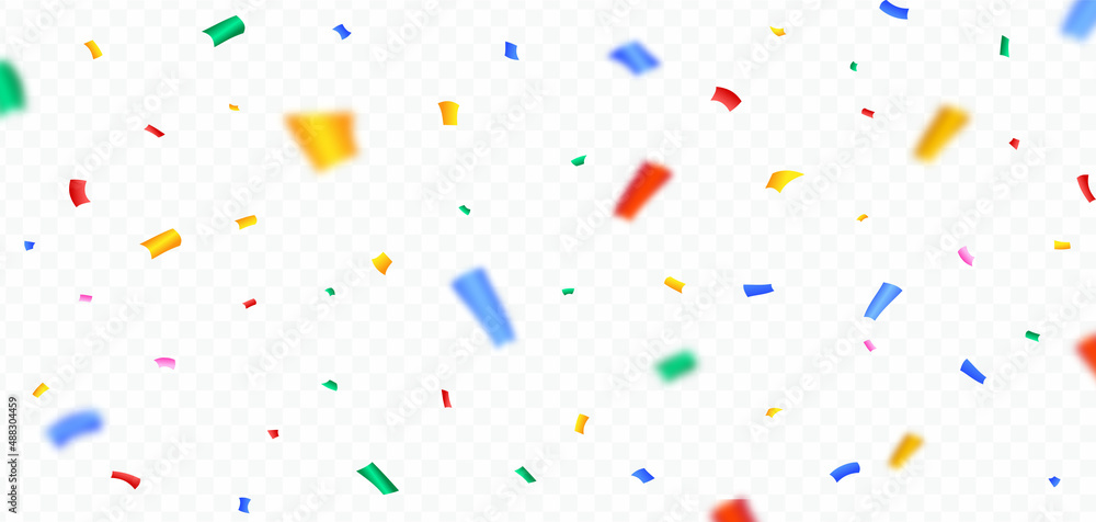 Multicolor confetti falling on a transparent background. Festival and party elements vector. Colorful confetti and tinsel explosion for carnival or birthday celebration background.