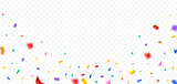 Multicolor confetti and tinsel explosion on a transparent background. Festival and party celebration frame elements vector. Colorful confetti and tinsel blast for carnival or birthday background.