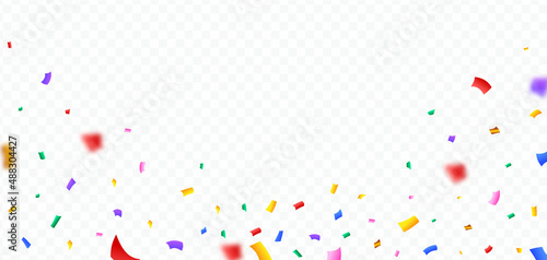 Multicolor confetti and tinsel explosion on a transparent background. Festival and party celebration frame elements vector. Colorful confetti and tinsel blast for carnival or birthday background.